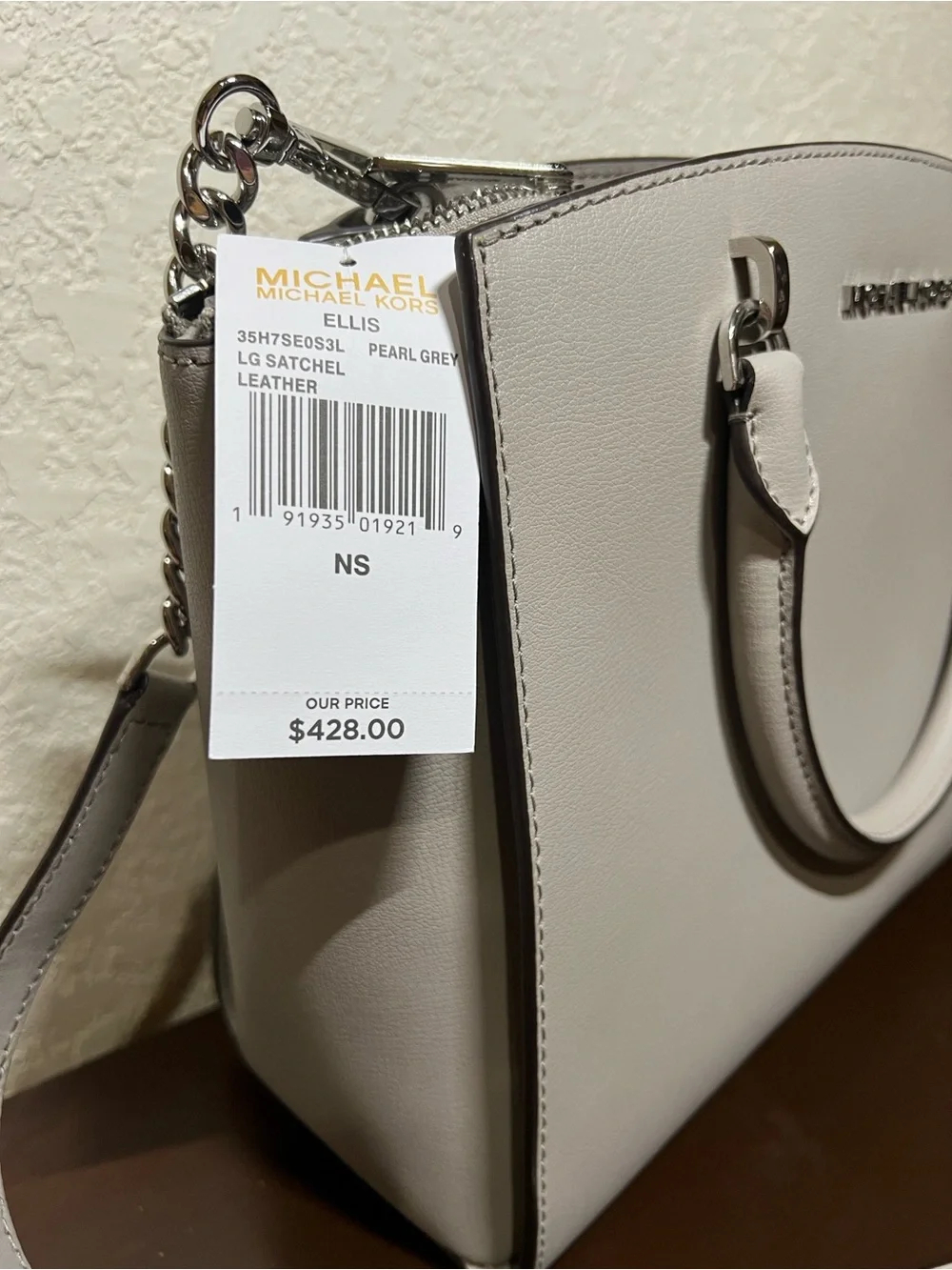 Michael Kors Light Grey Leather Satchel with Crossbody Strap